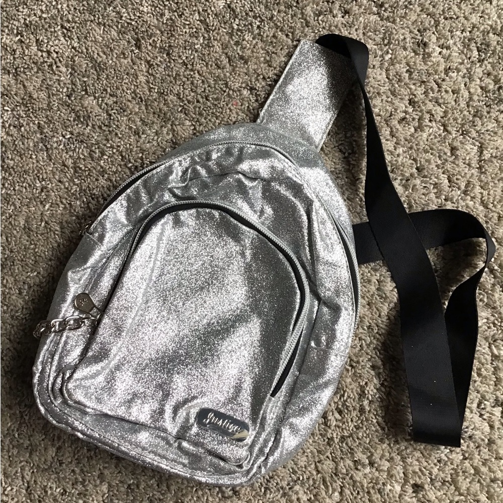 Justice Silver Glitter Sling bag for girls - Stylish Metallic Crossbody NWOT!!